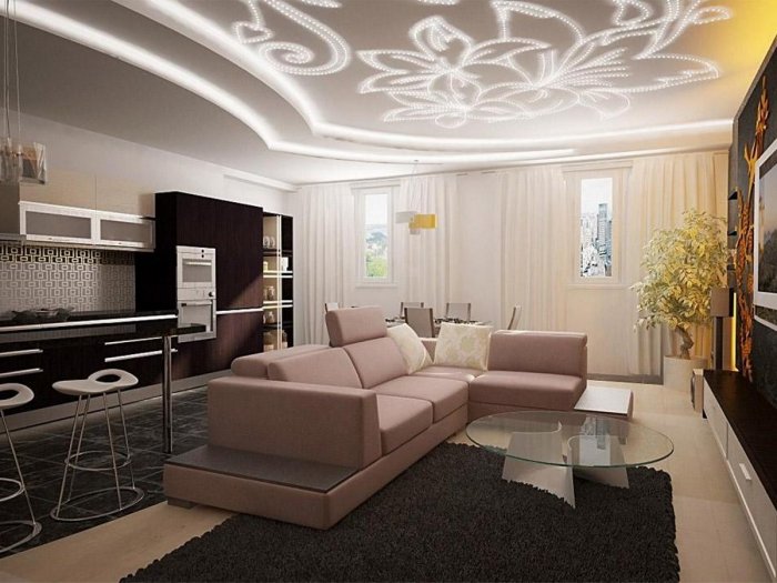 Многоуровневый потолок в гостиной