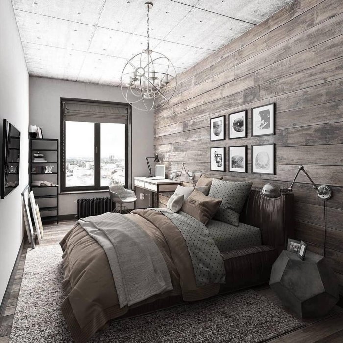 Уютная спальня в стиле лофт
