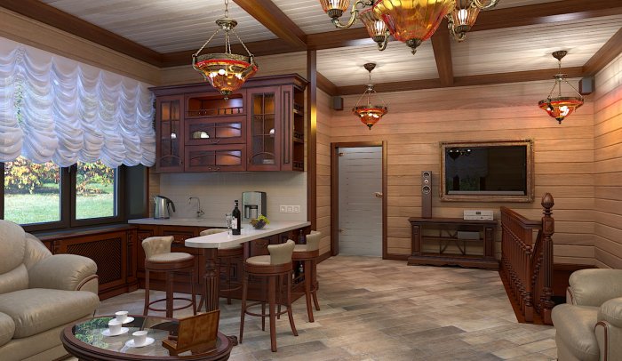 Кухня совмещенная с гостиной в деревянном доме