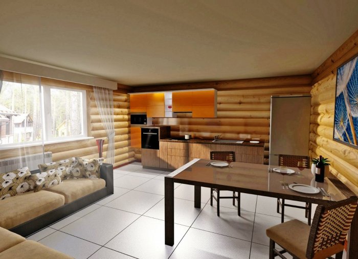 Кухня-гостиная обшитая деревом