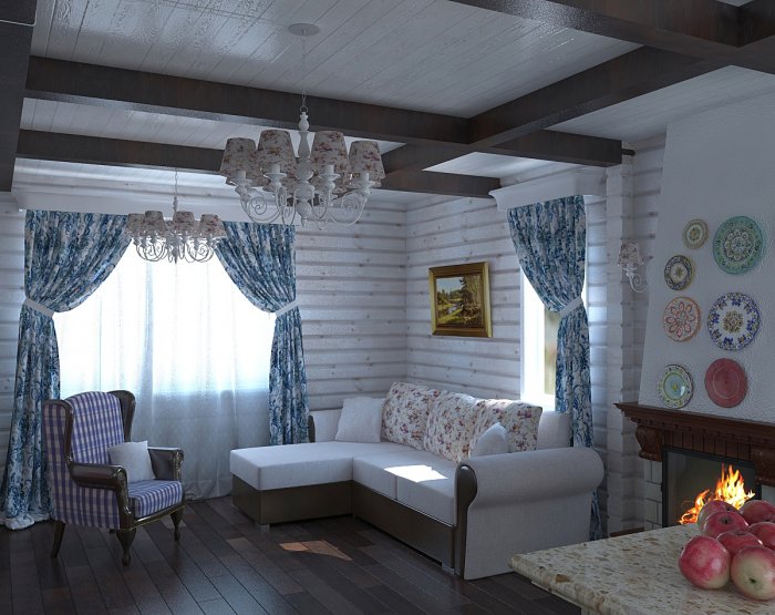 Гостиная столовая в деревянном доме
