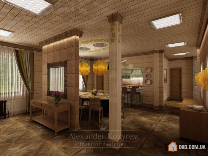 Зонирование кухни и гостиной в бревенчатом доме