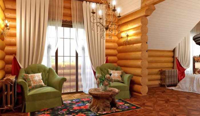 Перегородка для зонирования комнаты в доме из бревна