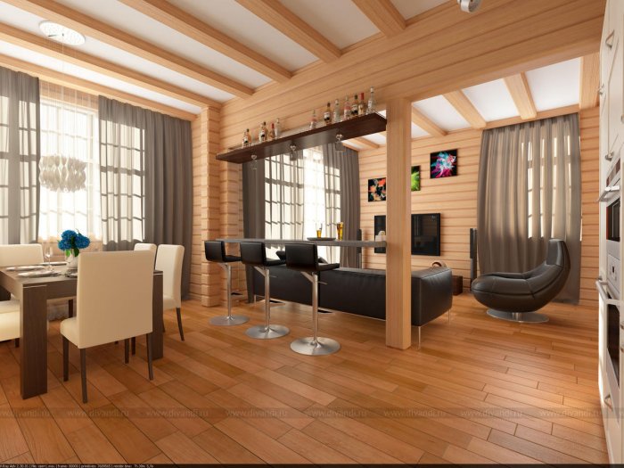 Зонирование кухни-гостиной брусом