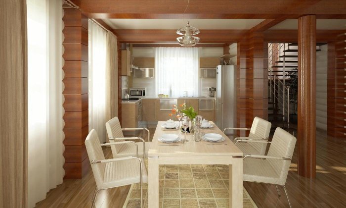 Гостиная столовая в деревянном доме