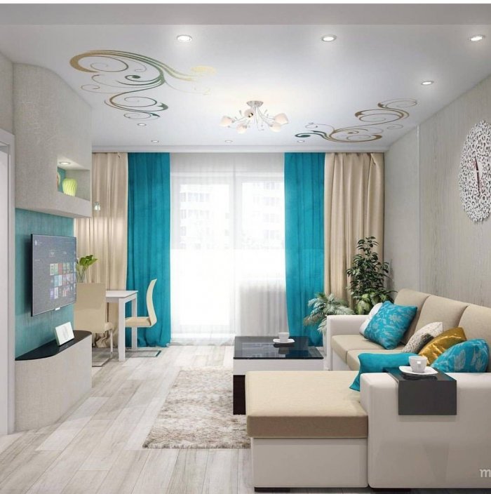 Бежево бирюзовая гостиная