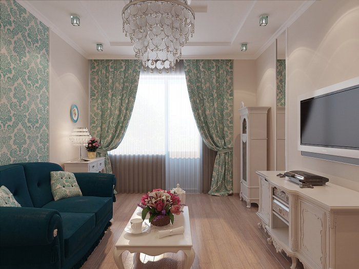 Гостиная в бежево бирюзовых тонах