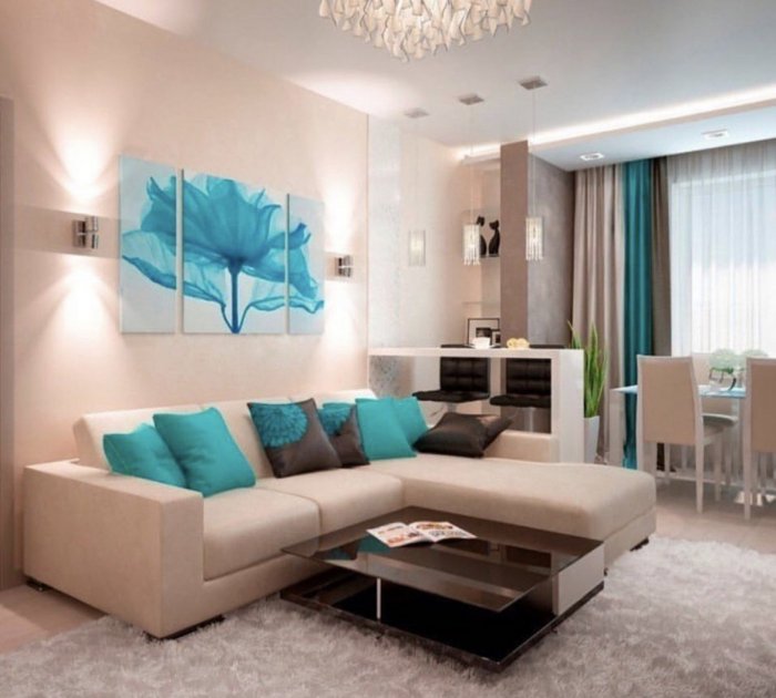 Гостиная в бежево бирюзовом цвете