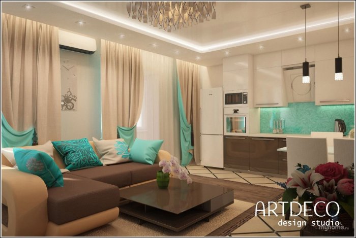 Интерьер в бежево бирюзовых тонах