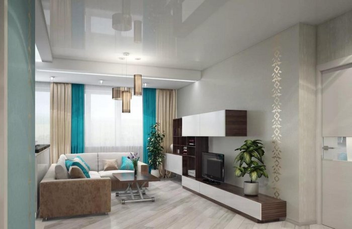 Бежево бирюзовая гостиная