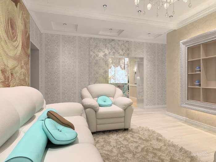 Интерьер гостиной в светло бежевых тонах с бирюзовым акцентом