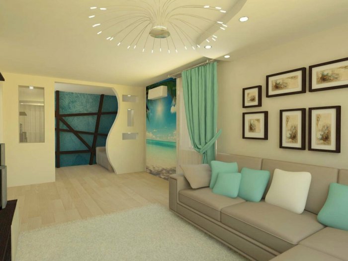 Гостиная в бежево бирюзовых тонах