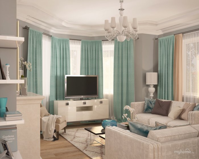 Гостиная беж с бирюзой