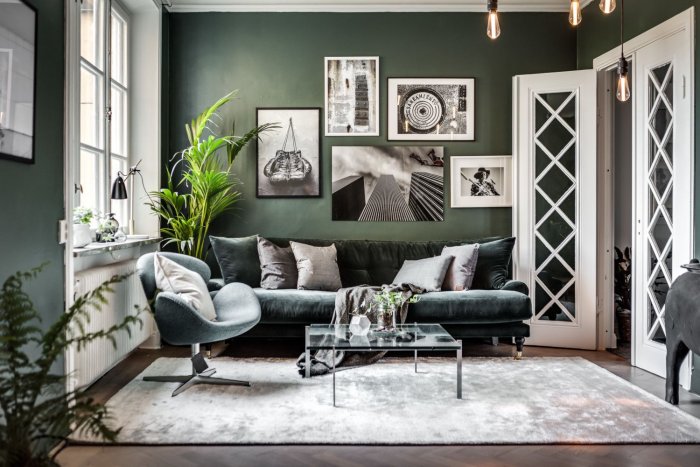 Зеленый цвет стен в гостиной