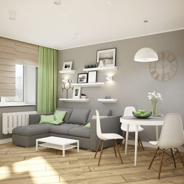 Серая гостиная с зелеными акцентами