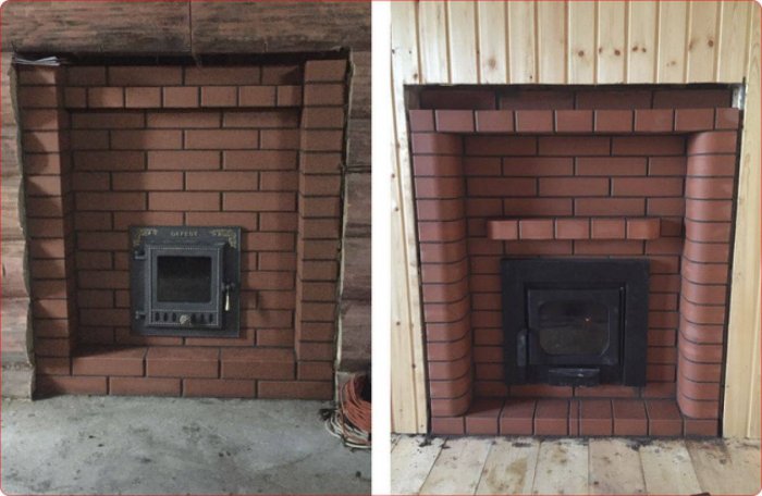Обкладка кирпичом банной печи с выносной топкой Гефест