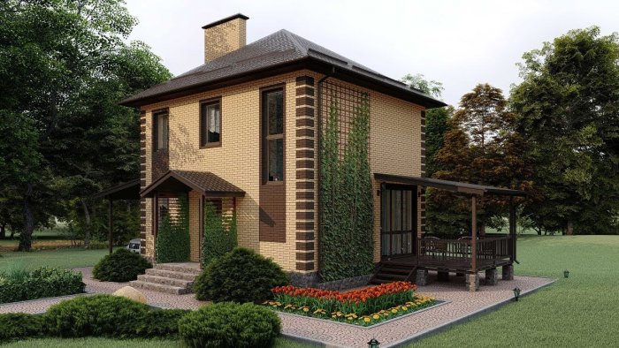 Двухэтажный кирпичный дом с террасой