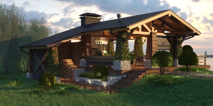 Беседка в стиле Шале с мангалом