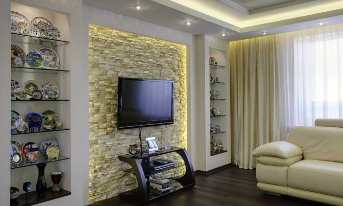 Полочки из гипсокартона в гостиной
