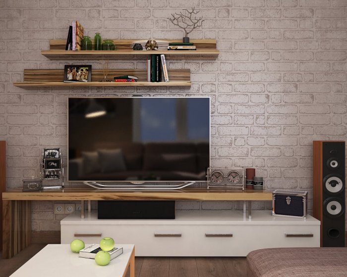 Полка над телевизором в интерьере