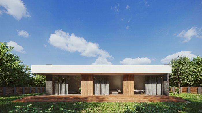 Проекты одноэтажных домов с плоской крышей в стиле Минимализм