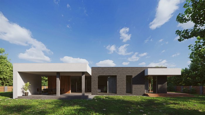 Одноэтажный дом с плоской крышей в стиле Минимализм