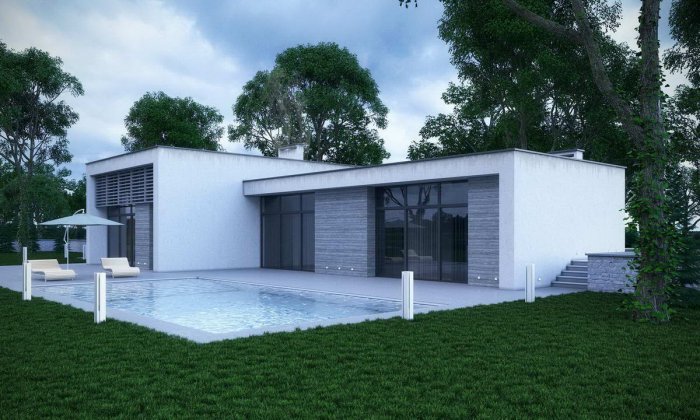 Современный одноэтажный дом с плоской кровлей