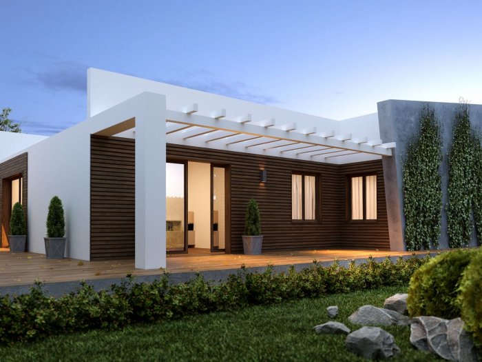 Фасады одноэтажных домов с плоской крышей