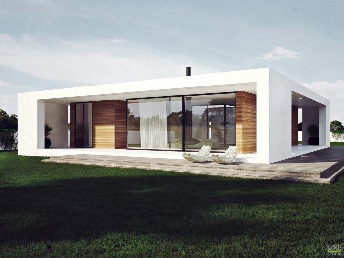 Одноэтажный дом с плавной крышей