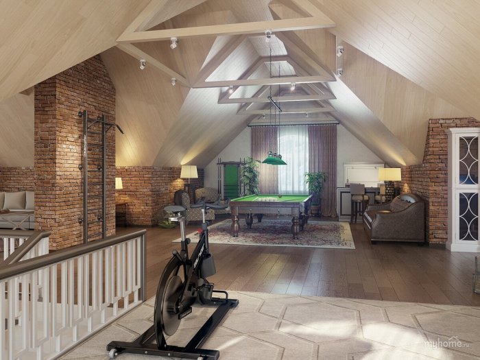 Интерьер мансардного этажа в частном доме
