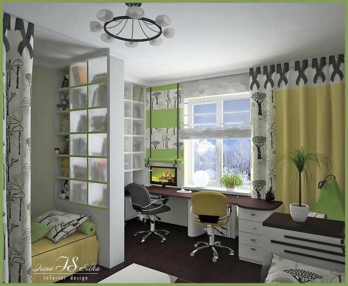 Рабочее место у окна в комнате подростка