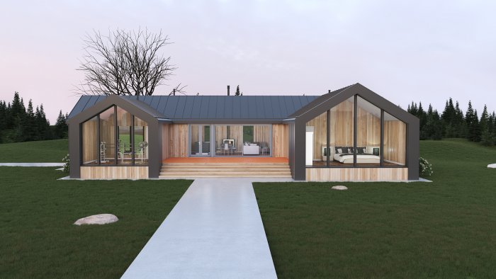 Одноэтажный каркасный дом буквой п