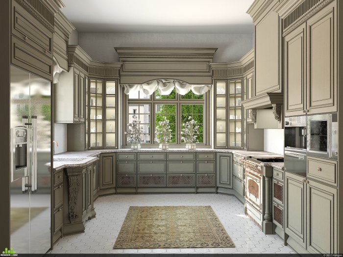 Кухонные гарнитуры классика у окна