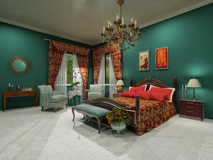 Изумрудный цвет стен в интерьере