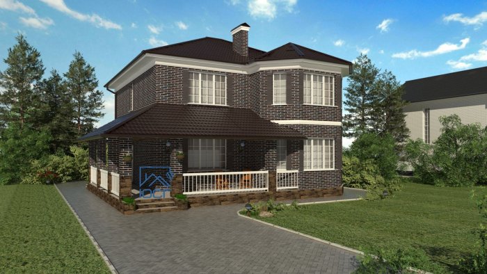 Двухэтажный кирпичный дом с верандой