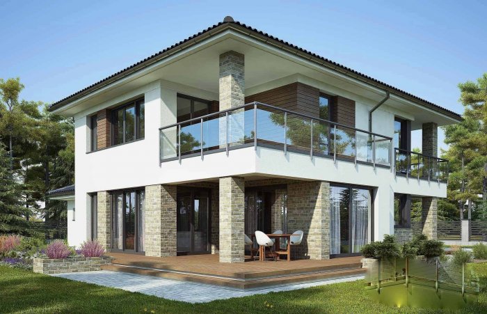 Двухэтажный дом с террасой и балконом