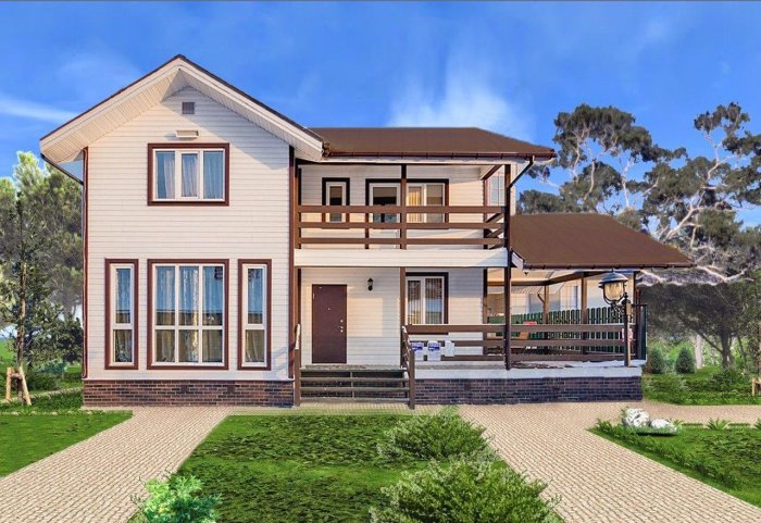 Двухэтажный дом с большим балконом