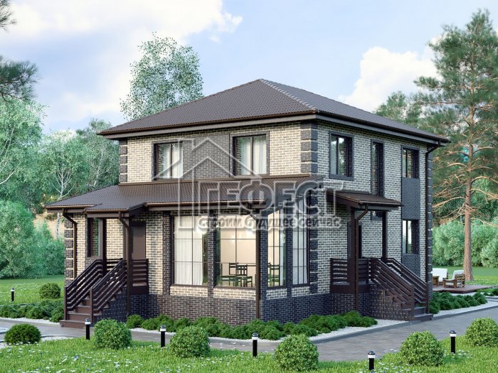 Двухэтажный кирпичный дом с террасой