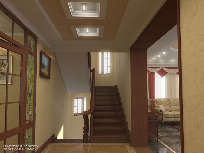 Потолок в прихожей с лестницей