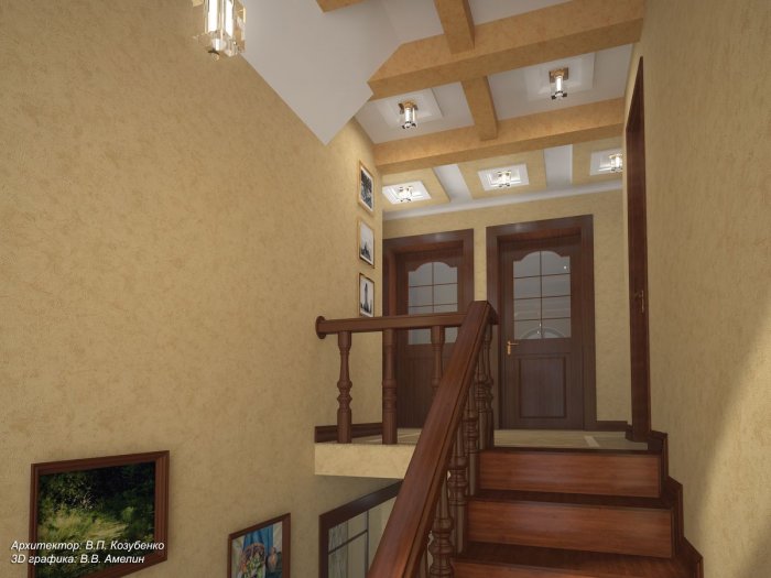 Коридор на втором этаже с мансардой потолок