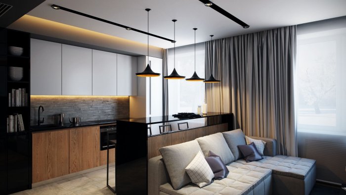 Кухня гостиная с барной стойкой и диваном