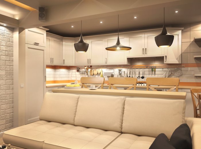 Кухня гостиная с барной стойкой и диваном