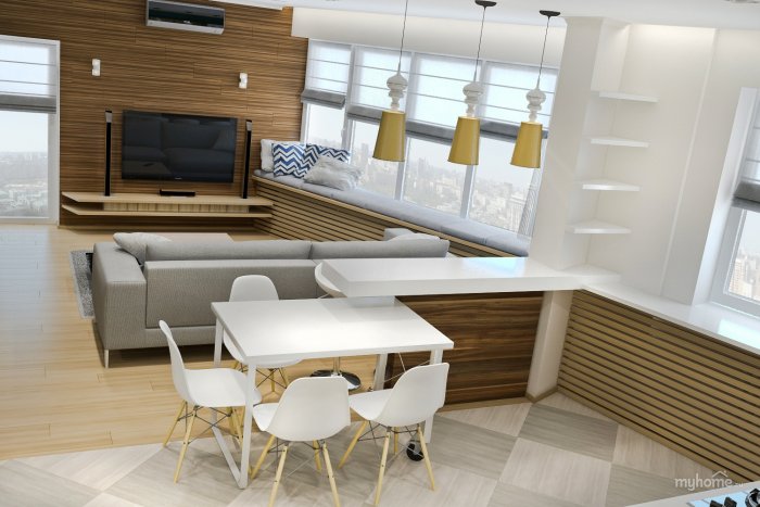 Барная стойка за угловым диваном