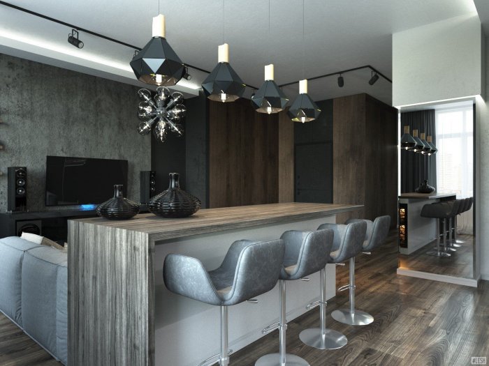 Барная стойка за диваном в гостиной