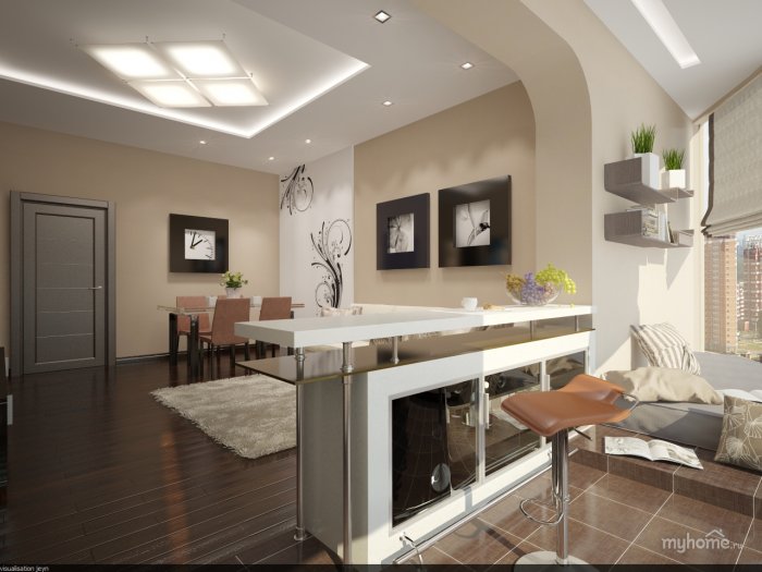 Кухня гостиная с камином и барной стойкой