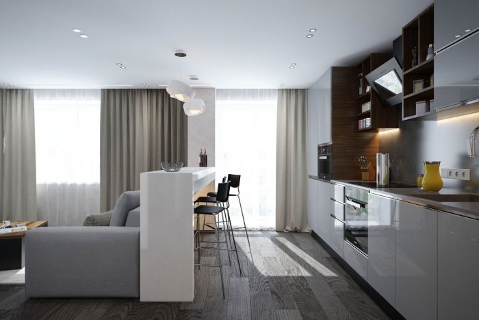 Кухня гостиная с барной стойкой и диваном