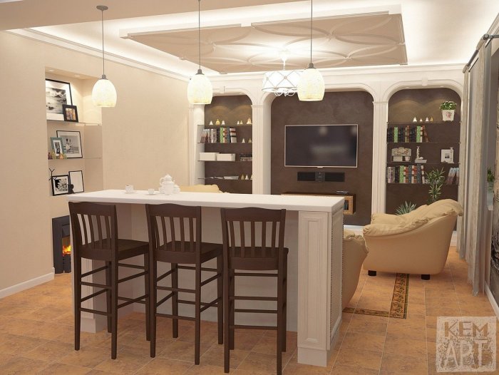 Барная стойка за диваном в гостиной