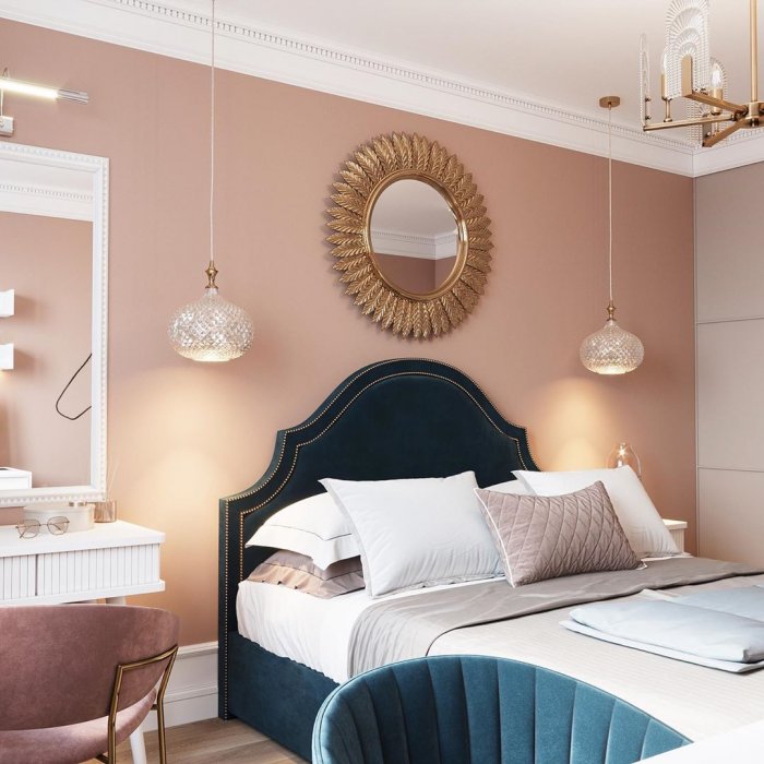 Персиковые стены в интерьере спальни