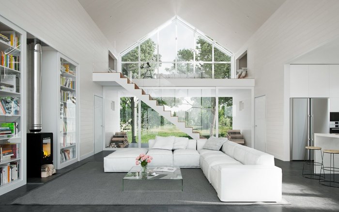 Интерьер с высокими потолками