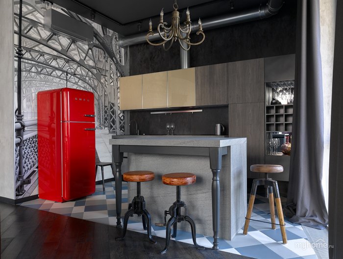 Холодильник в лофт интерьере